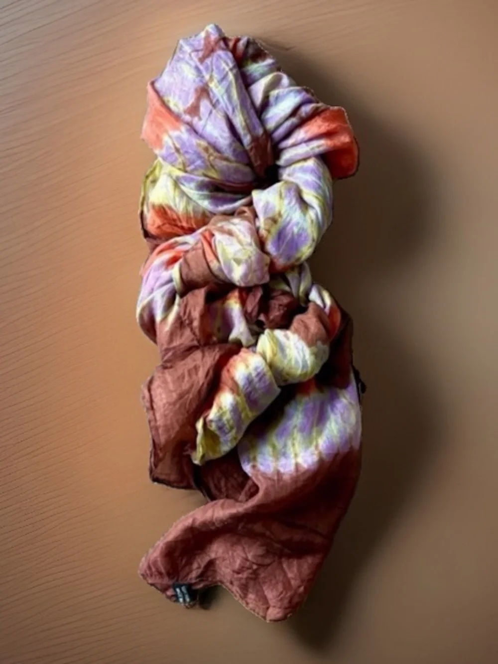 100% Pure Silk Scarf Rust Brown Multicolor Tie Dye Lightweight Luxury Shawl Wrap
